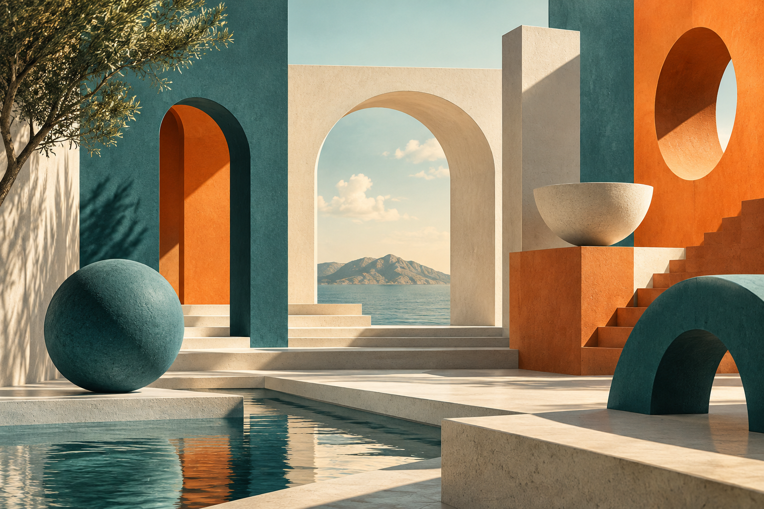 abstract teal orange and cream architectural sculptures, playful modernist composition with strong shadows, no products no text